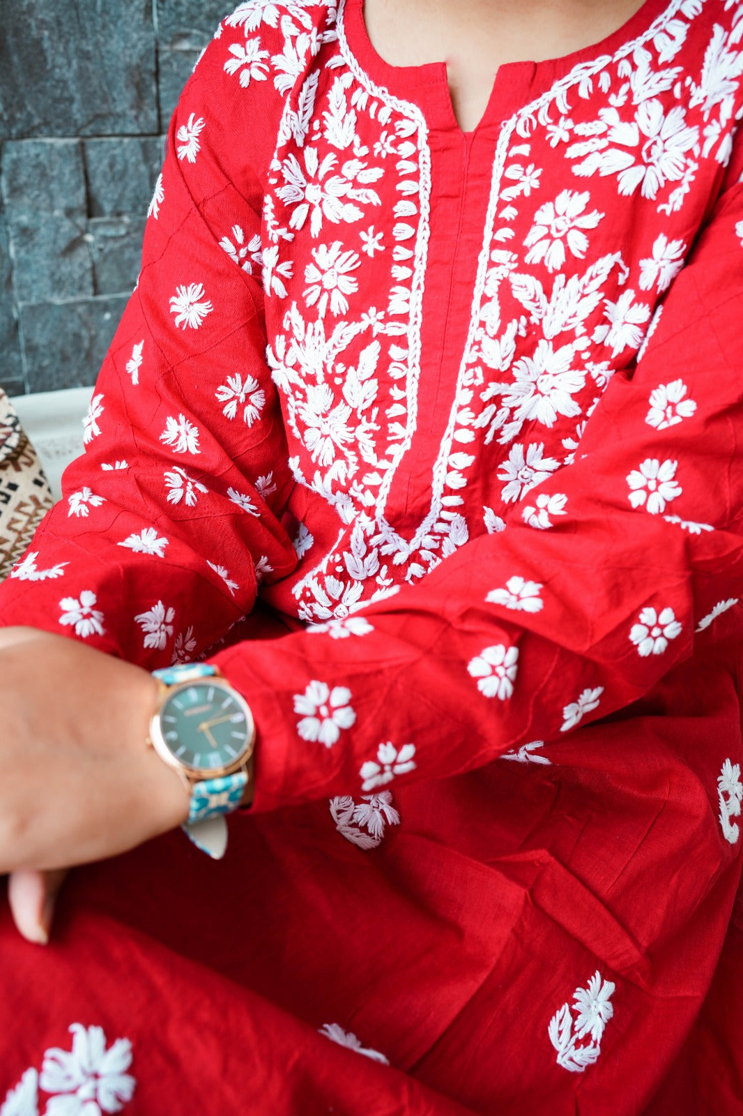 Red Lucknowi Cotton Kurti