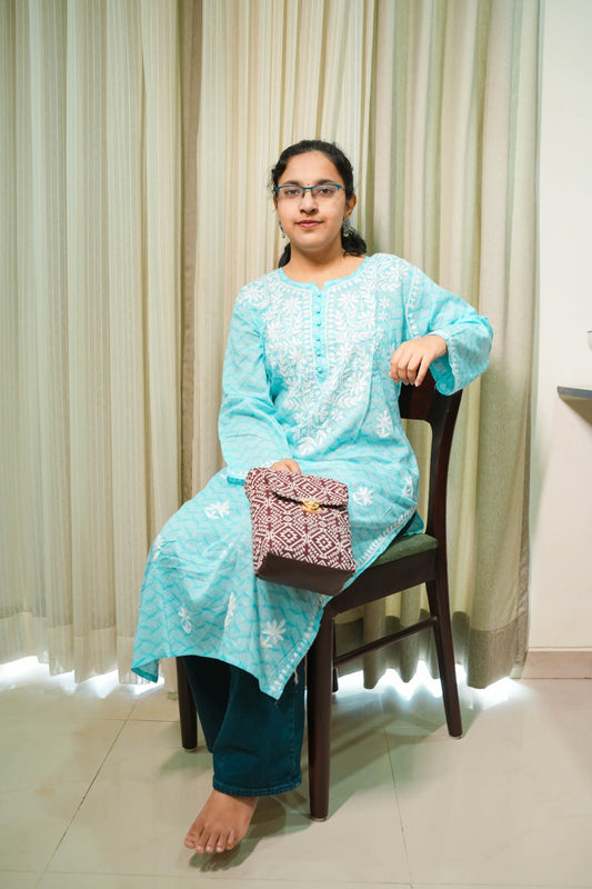 Blue Lucknowi Printed Cotton Kurti