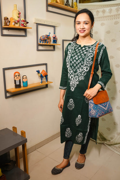 Green Lucknowi Cotton Kurti