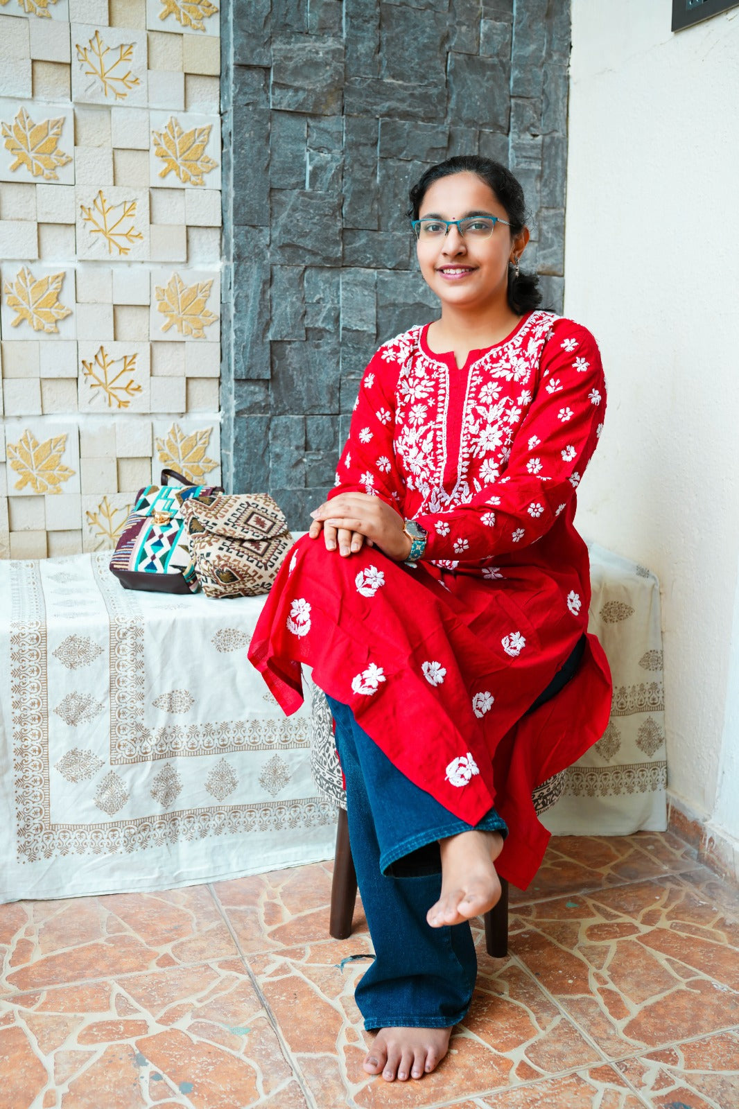 Red Lucknowi Cotton Kurti