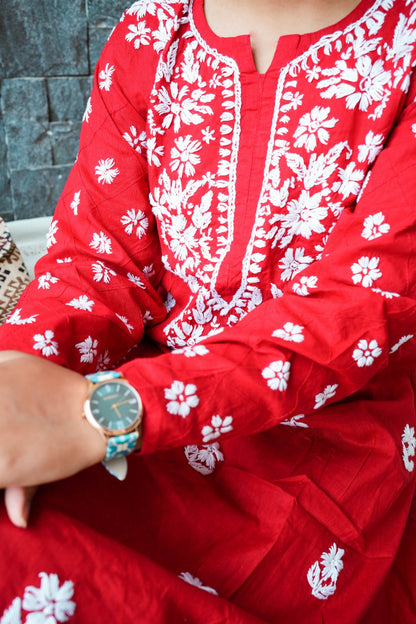 Red Lucknowi Cotton Kurti